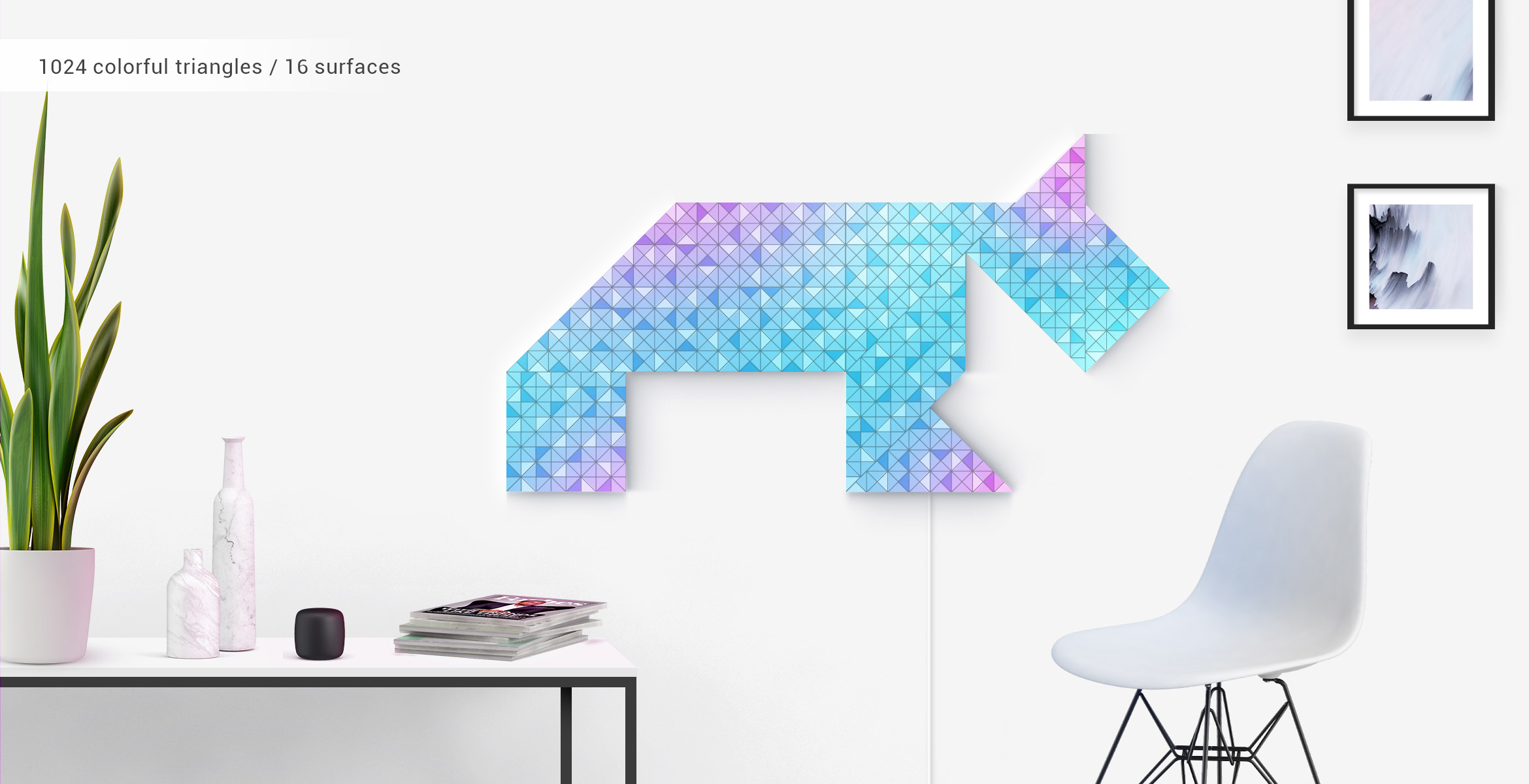 Dog shape, assembled from 12 LaMetric SKY smart light surfaces, in impressive Tangram art style, complements the room interior