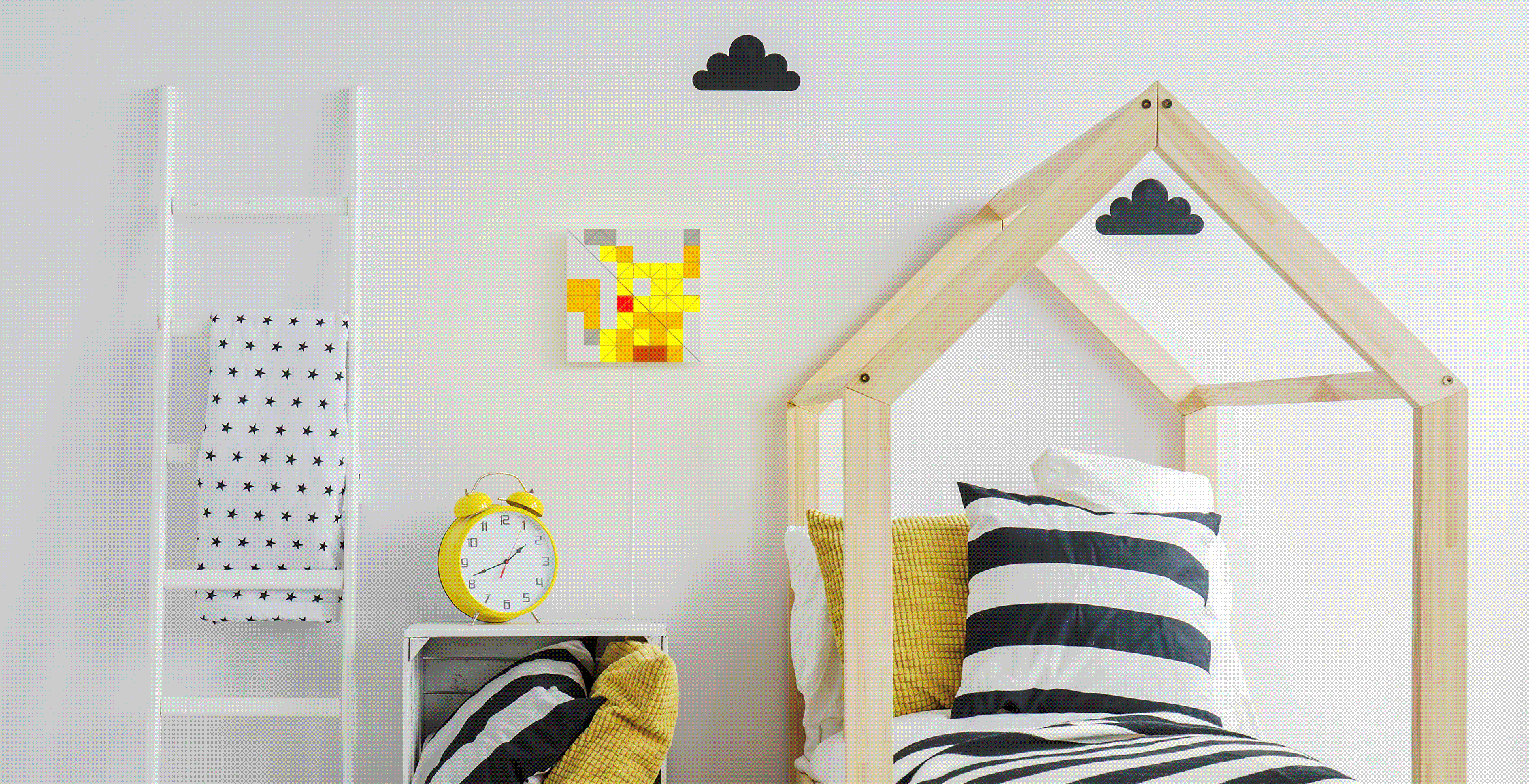 SKY face shape, assembled from 4 smart light surfaces, displays Pikachu light effect and complements kids room interior