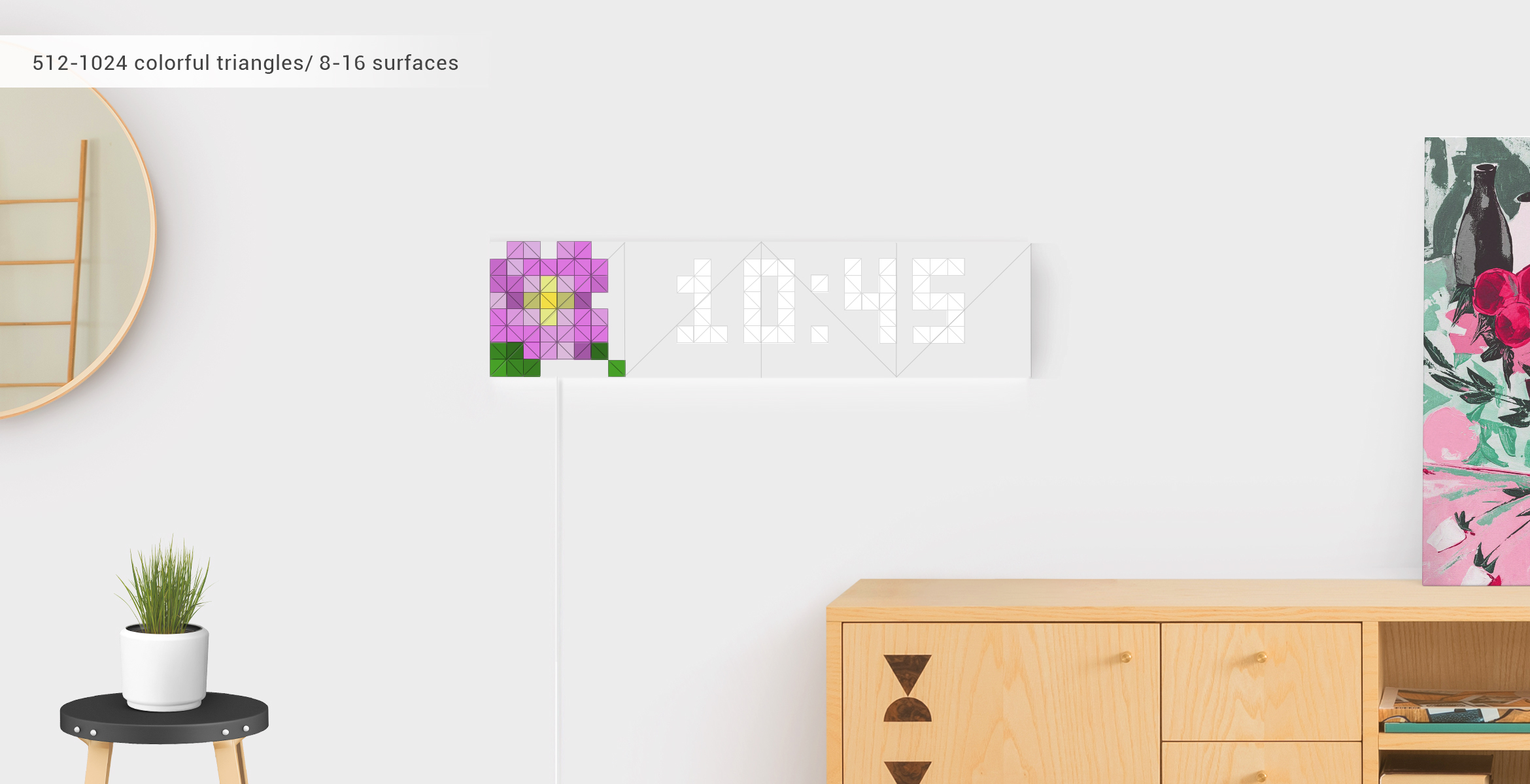 Infoscreen shape, assembled from 8 to 16 LaMetric SKY smart light surfaces, displays time and flower Sky face