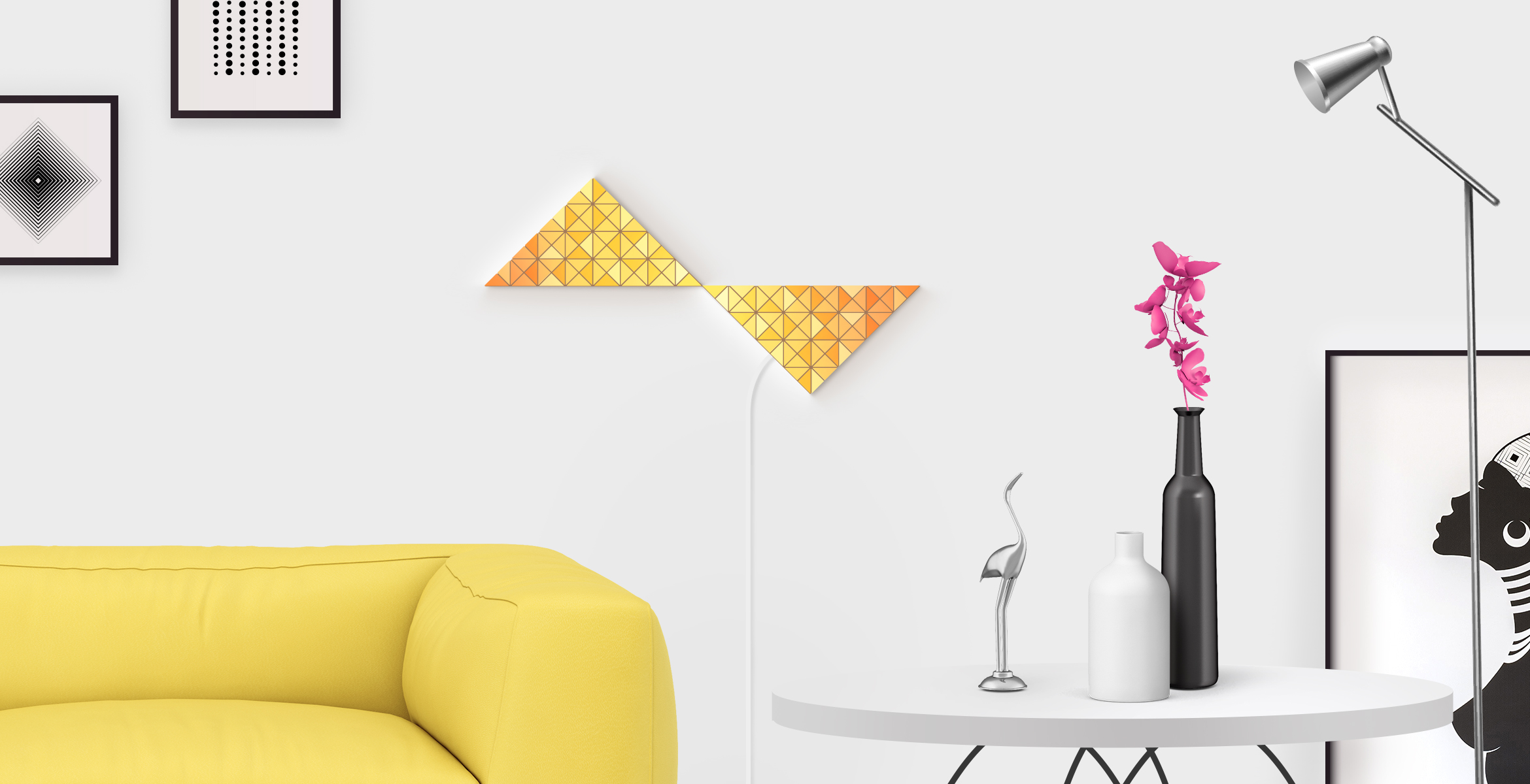 Inversion shape in yellow color, assembled from 2 LaMetric SKY smart light surfaces, placed in a stylish living room