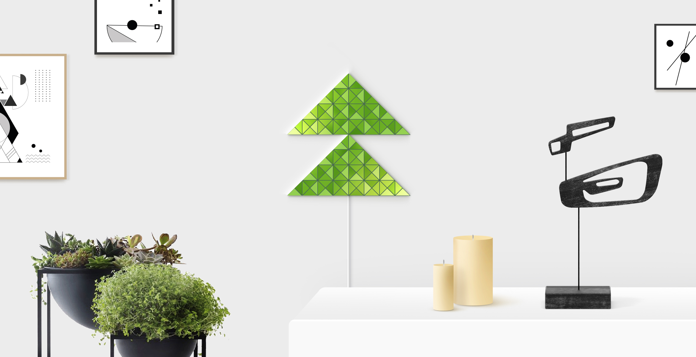 Small fir tree shape in green color, assembled from 2 LaMetric SKY smart light surfaces, placed in a stylish living room