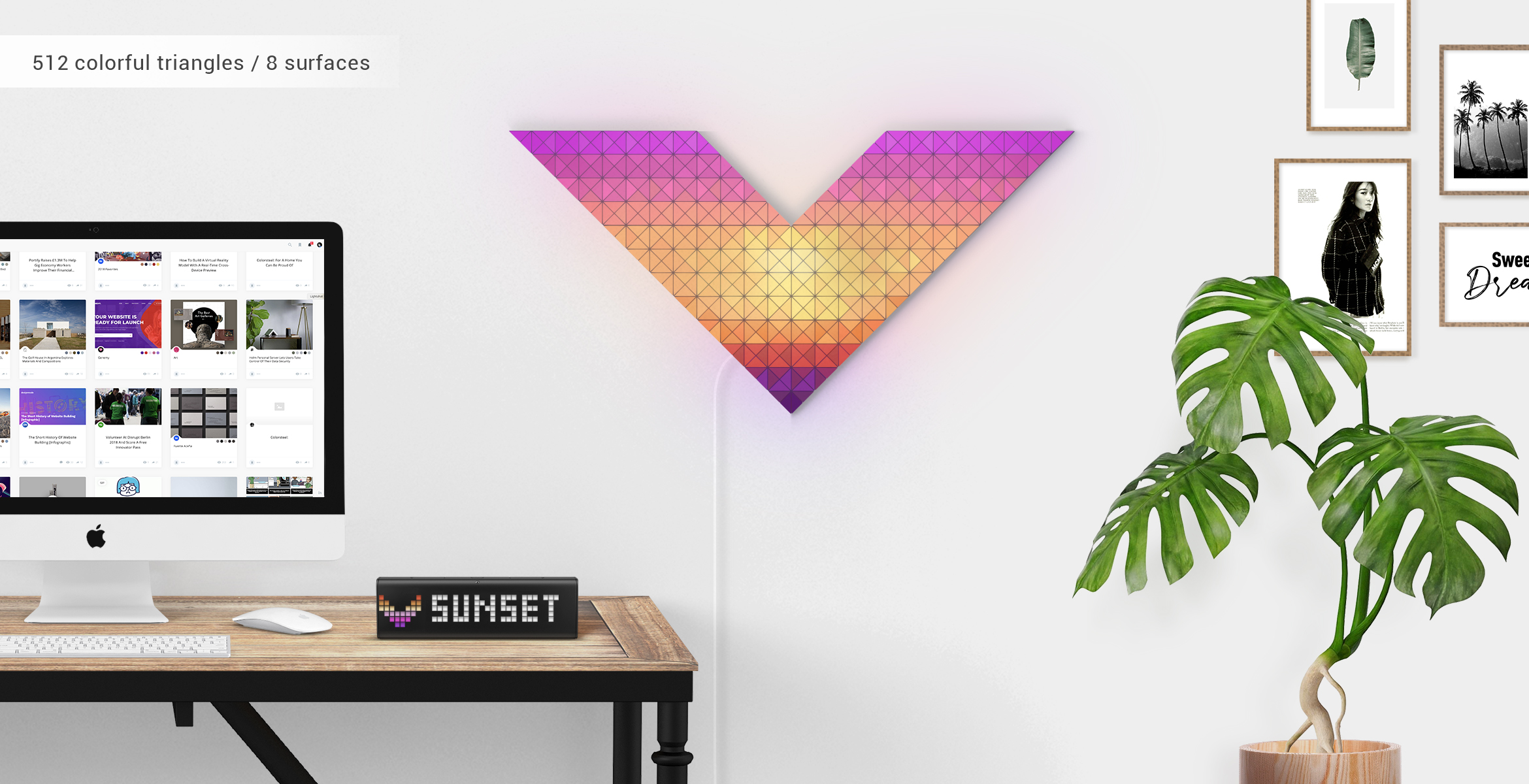 Vendetta shape, assembled from 8 LaMetric SKY smart light surfaces, complements the desk setup and shows sunset light effect